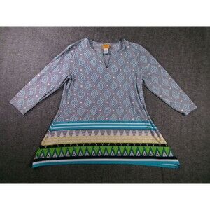 Ruby Rd Tunic Womens M Geometric Print A Line 3Flowy Keyhole Green Border